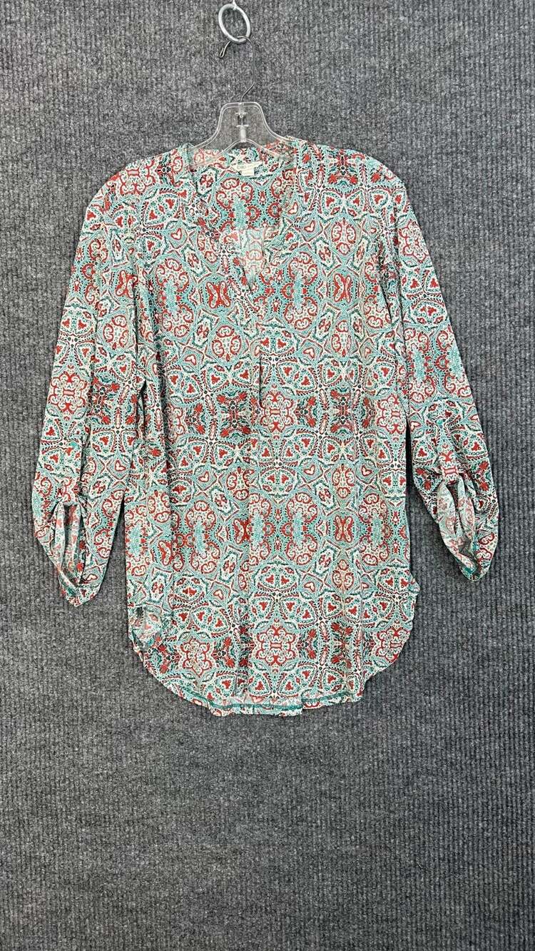 Cato Blouse Womens Large Green Red Bohemian Tabbed Sleeves Stretch Office Casual